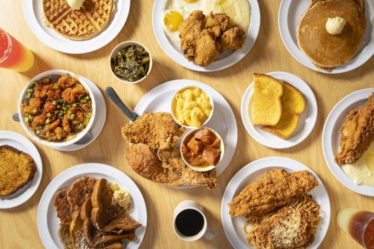 A catering spread of Southern dishes laid out on a table